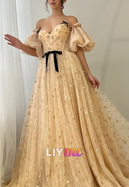 Sweetheart Puff Sleeves Tulle A-Line Prom Dress