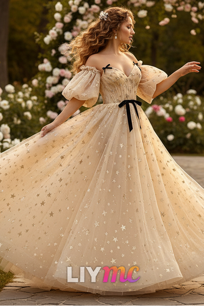 Sweetheart Puff Sleeves Tulle A-Line Prom Dress