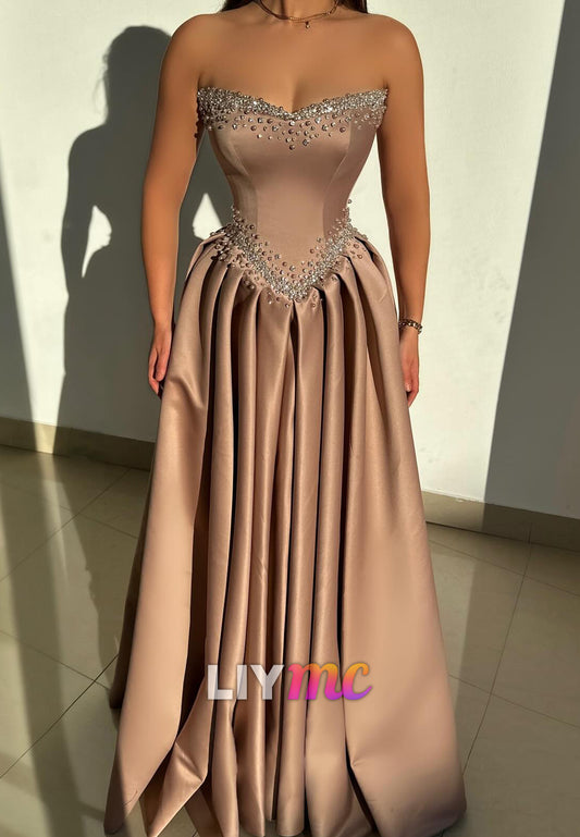 Sweetheart Satin Beaded Pleated A-Line Prom Dress