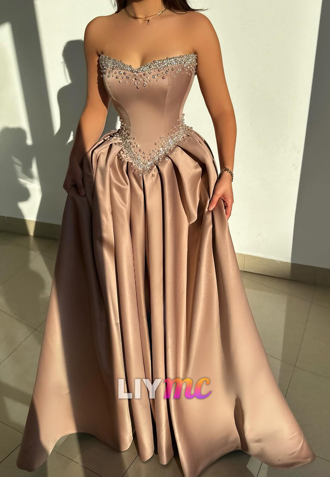 Sweetheart Satin Beaded Pleated A-Line Prom Dress