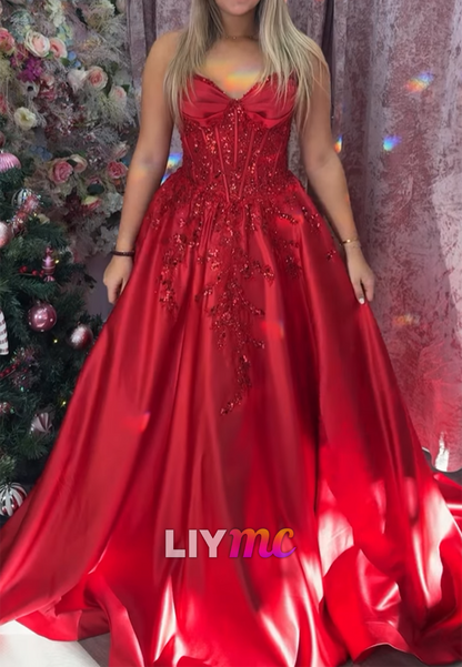Sweetheart Sequins Appliques Satin A-Line Prom Dress
