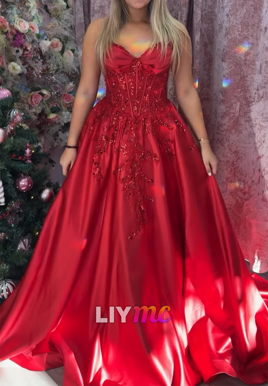 Sweetheart Sequins Appliques Satin A-Line Prom Dress