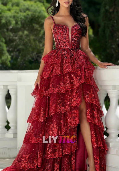 Sweetheart Sequins Appliques Tiered A-Line Prom Dress