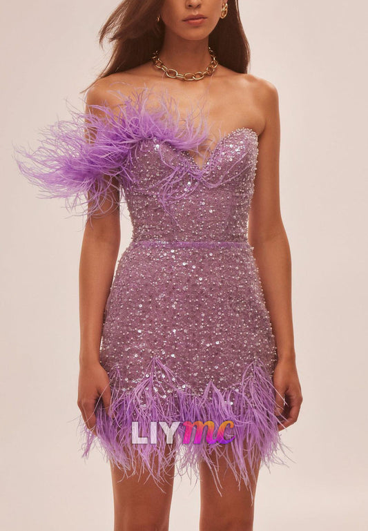 LY349 - Sweetheart Sequins Feathered Sparkly Sheath Short Homecoming Dress