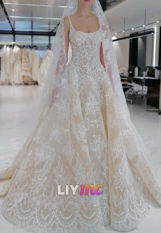 Sweetheart Sequins Straps Lace Appliques A-Line Wedding Dress