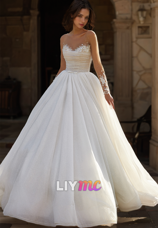 Sweetheart Sheer Long Sleeves Appliqus Pleated Ball Gown Wedding Dress