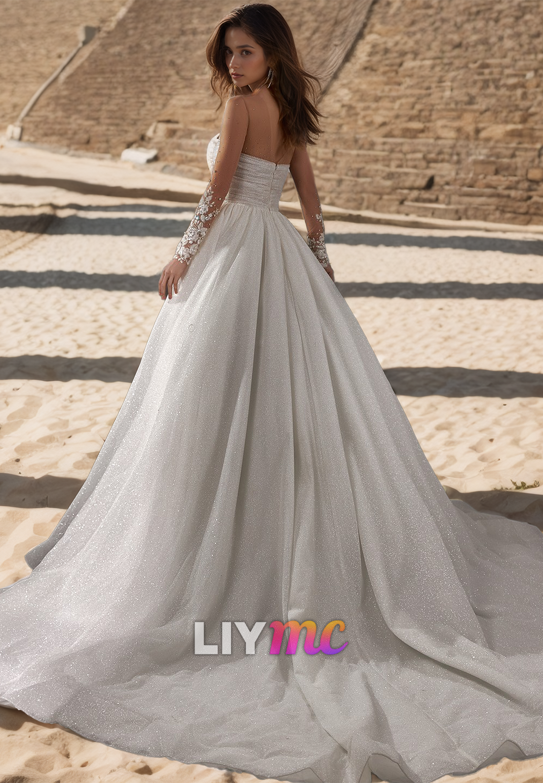 Sweetheart Sheer Long Sleeves Appliqus Pleated Ball Gown Wedding Dress