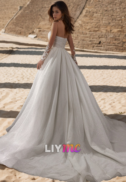 Sweetheart Sheer Long Sleeves Appliqus Pleated Ball Gown Wedding Dress