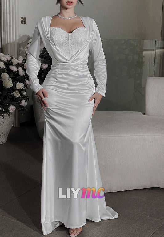 Sweetheart Sleek Long Sleeves Appliques Satin Sheath Wedding Dress