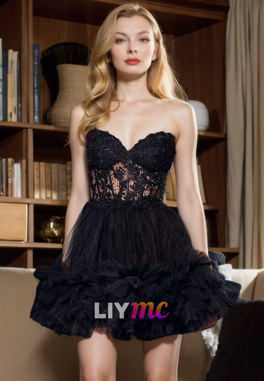 Sweetheart Sleeveless Appliques A-Line Tulle Short Homecoming Dress