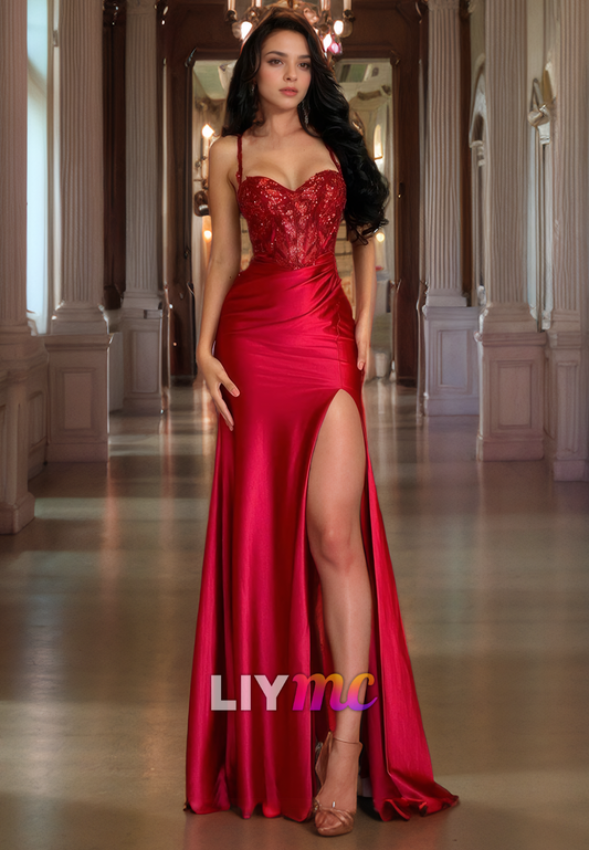 Sweetheart Sleeveless Appliques High Slit Prom Dress