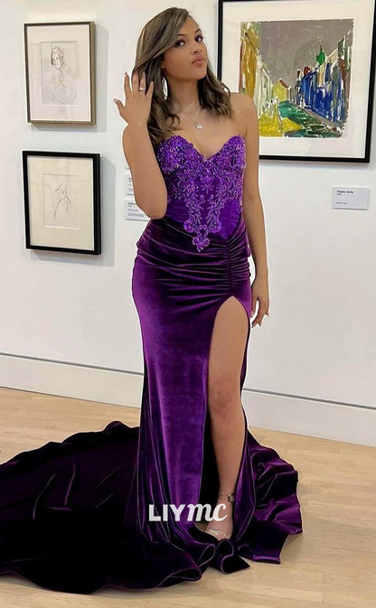 LP1418 - Sweetheart Sleeveless Appliques Pleate Ruched Velvet Sexy Prom Dress