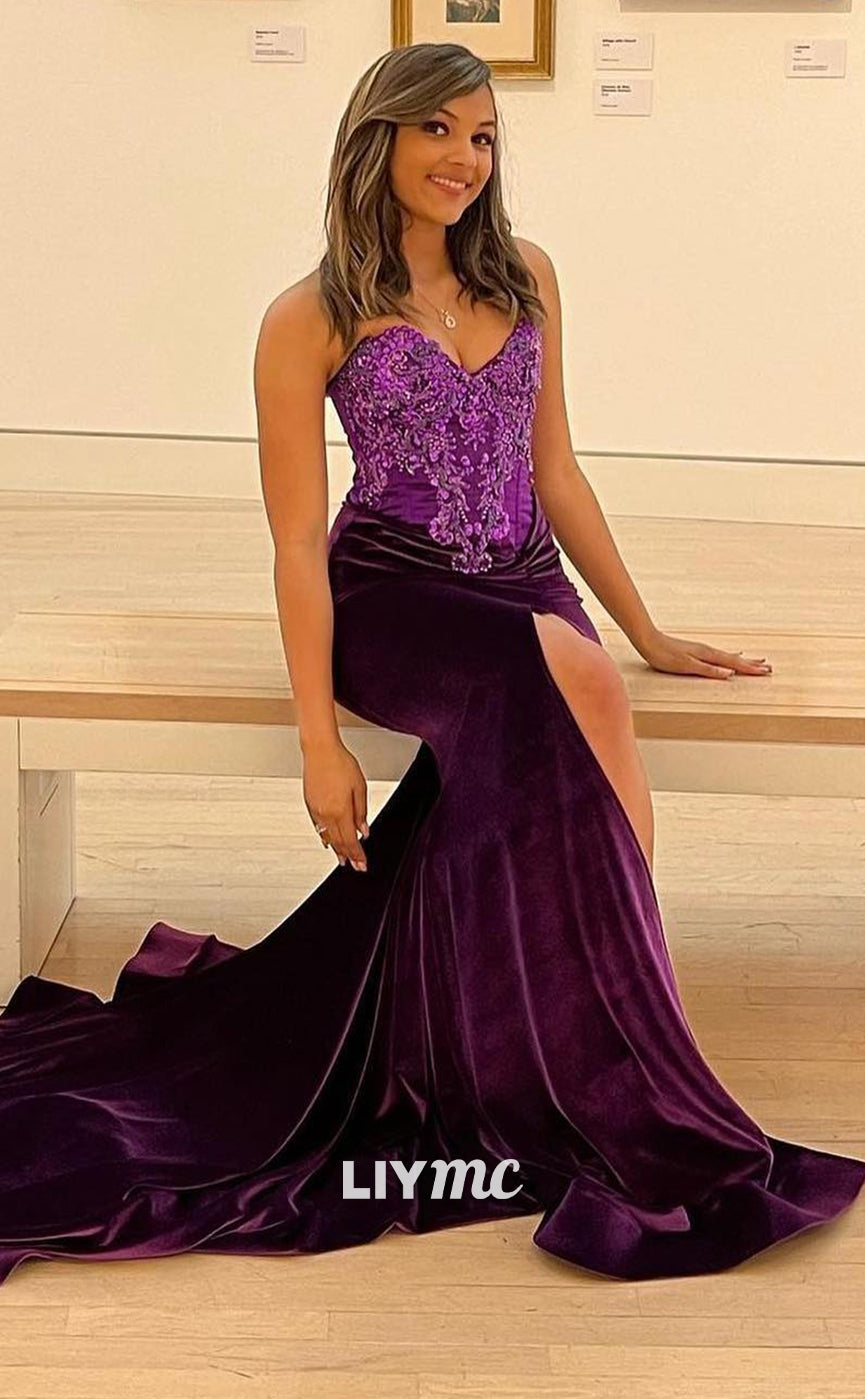 LP1418 - Sweetheart Sleeveless Appliques Pleate Ruched Velvet Sexy Prom Dress