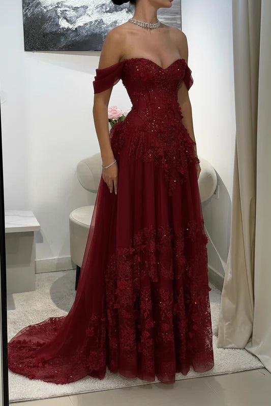 Off-Shoulder Appliques Tulle A-Line Corset Prom Dress