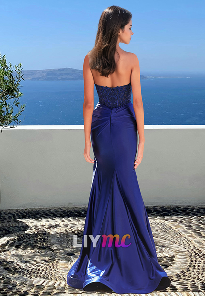 Sweetheart Sleeveless Appliques Pleated Side Slit Sheath Prom Dress