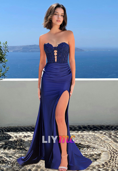 Sweetheart Sleeveless Appliques Pleated Side Slit Sheath Prom Dress