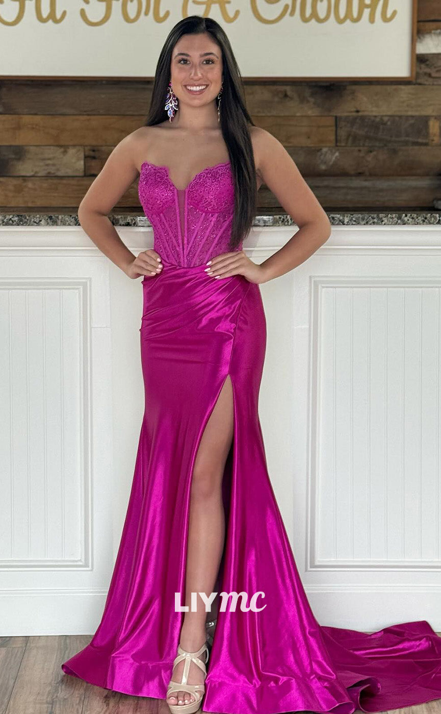 LP1792 - Sweetheart Sleeveless Appliques Pleated Sleek Satin High Slit Sexy Prom Dress