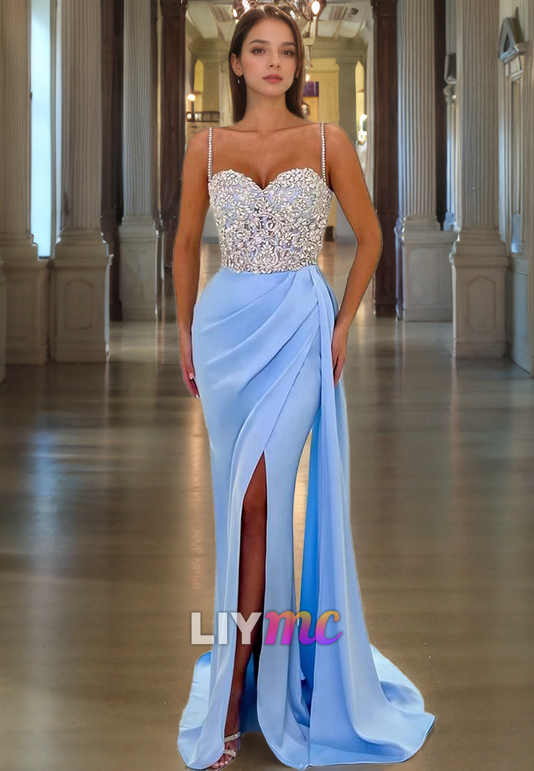 Sweetheart Sleeveless Appliques Ruched High Slit Prom Dress