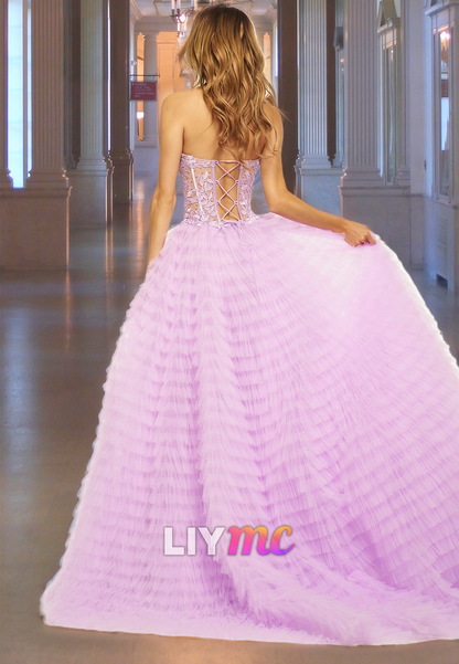 Sweetheart Sleeveless Appliques Sheer Tiered A-Line Prom Dress