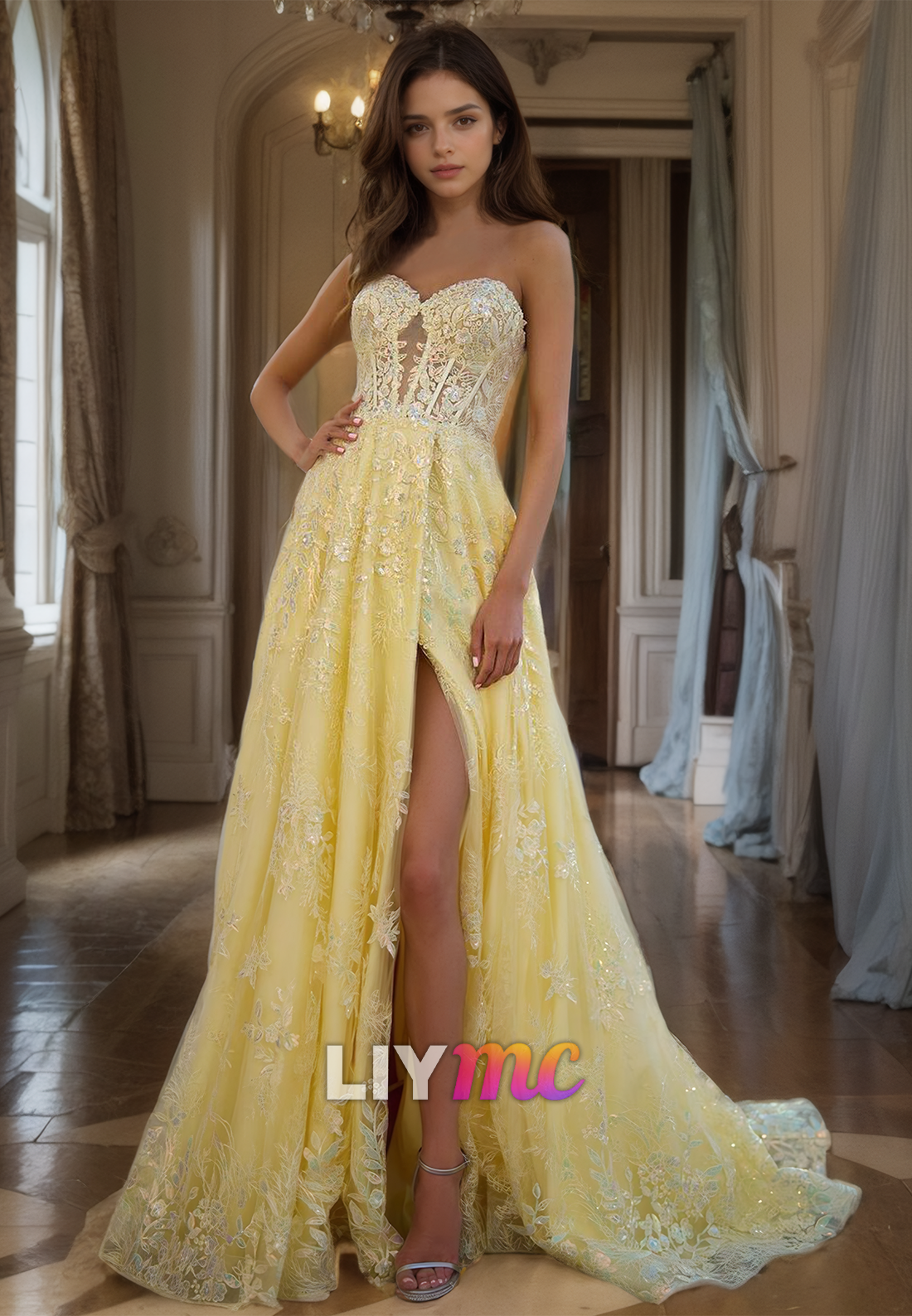 Sweetheart Sleeveless Appliques Side Slit A-Line Prom Dress