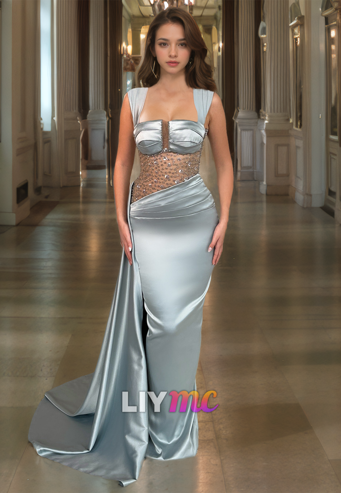 LP987 - Off Shoulder Satin Ruched Mermaid Formal Prom Dress