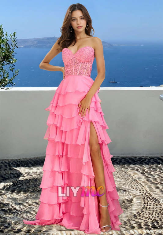 Sweetheart Sleeveless Appliques Tiered A-Line Prom Dress