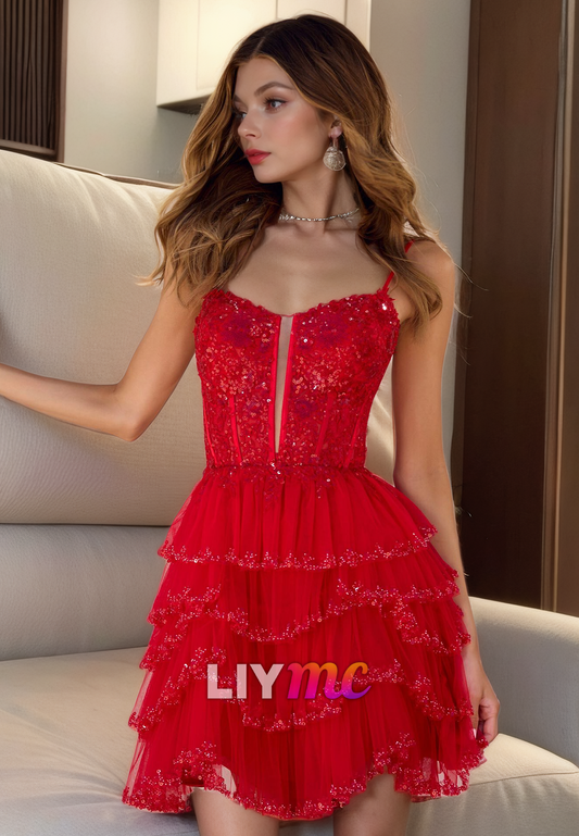 Sweetheart Sleeveless Appliques Tiered A-Line Short Homecoming Dress