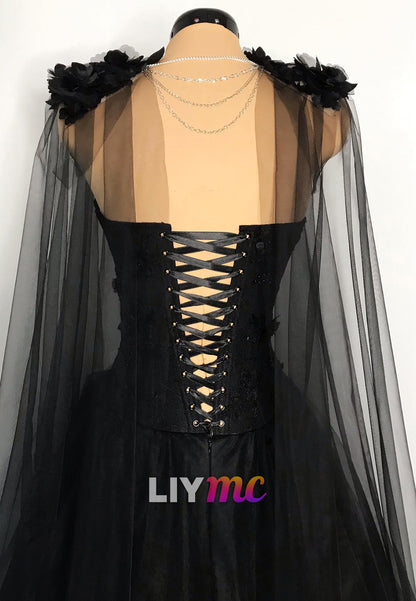 Sweetheart Sleeveless Appliques Tulle A-Line Black Wedding Dress