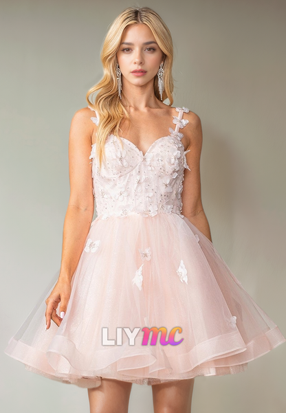 Sweetheart Sleeveless Appliques Tulle A-Line Short Homecoming Dress