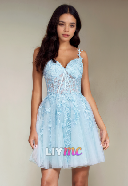 Sweetheart Sleeveless Appliques Tulle A-Line Short Homecoming Dress