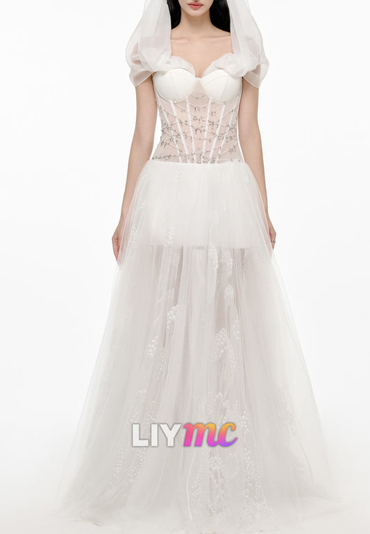 Sweetheart Sleeveless Appliques Tulle A-Line Wedding Dress