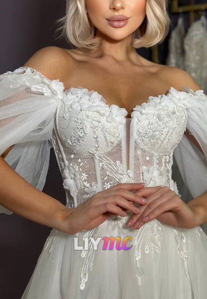 Sweetheart Sleeveless Appliques Tulle A-Line Wedding Dress