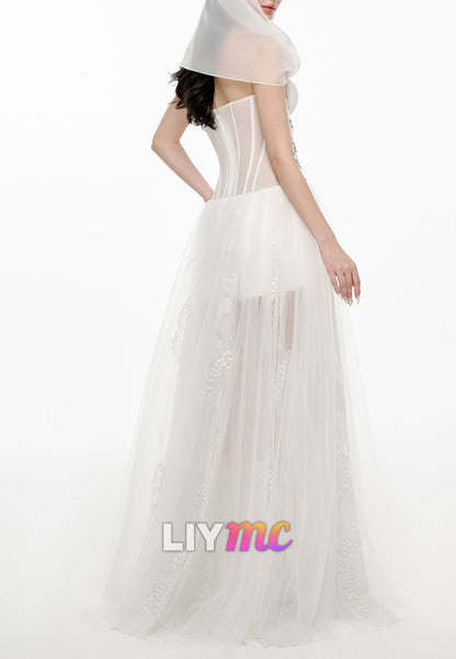 Sweetheart Sleeveless Appliques Tulle A-Line Wedding Dress