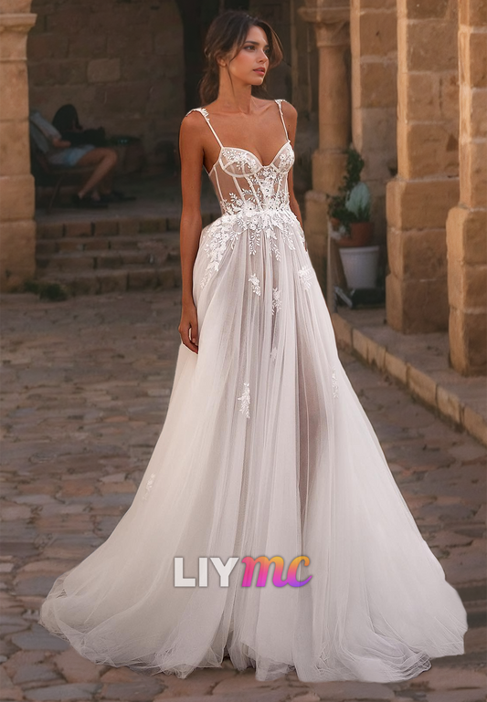 Sweetheart Sleeveless Appliques Tulle Sheer A-Line Beach Wedding Dress