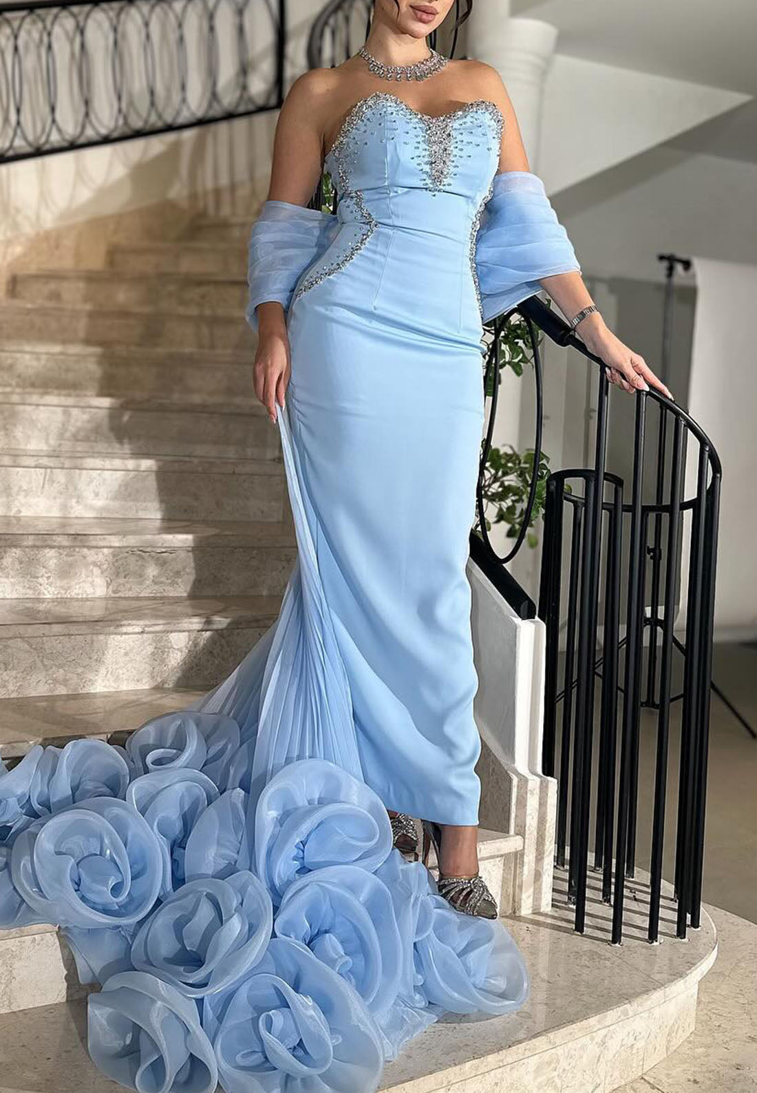 Sweetheart Sleeveless Beaded 3D Floral Sheath Evening Dress