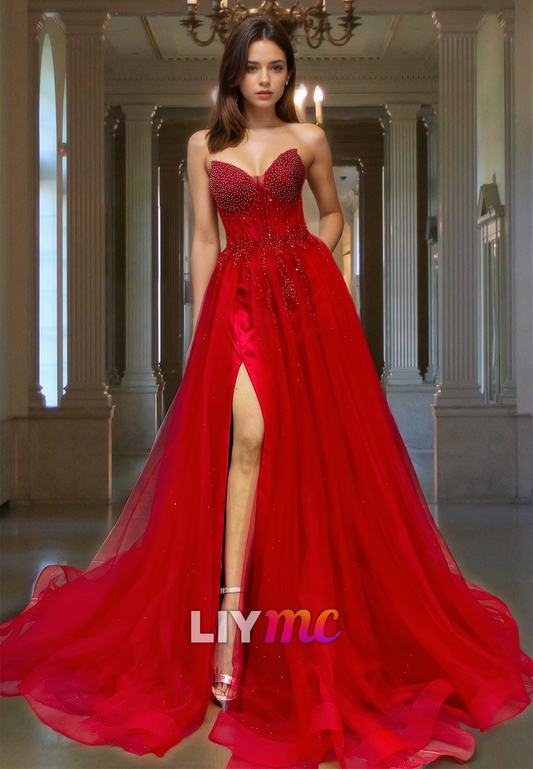 Sweetheart Sleeveless Beaded Appliques A-Line Prom Dress