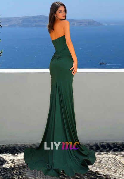 Sweetheart Sleeveless Beaded Frindge Side Slit Evening Dress