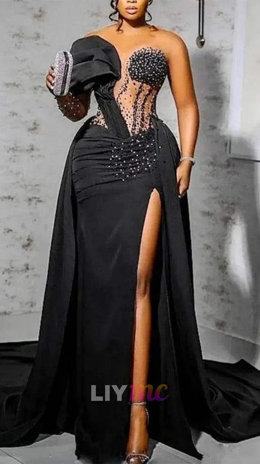 Sweetheart Long Sleeves Beaded Mermaid Prom Dress