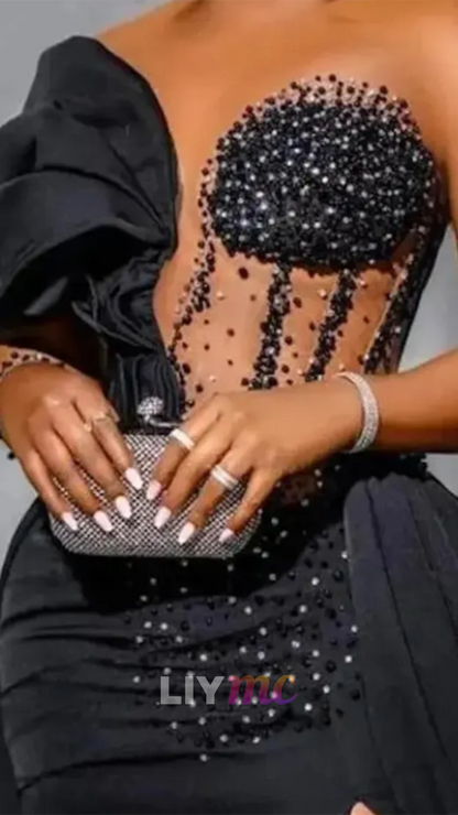 Sweetheart Long Sleeves Beaded Mermaid Prom Dress