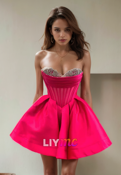 Sweetheart Sleeveless Beaded Pleated A-Line Short Homecoming Dress