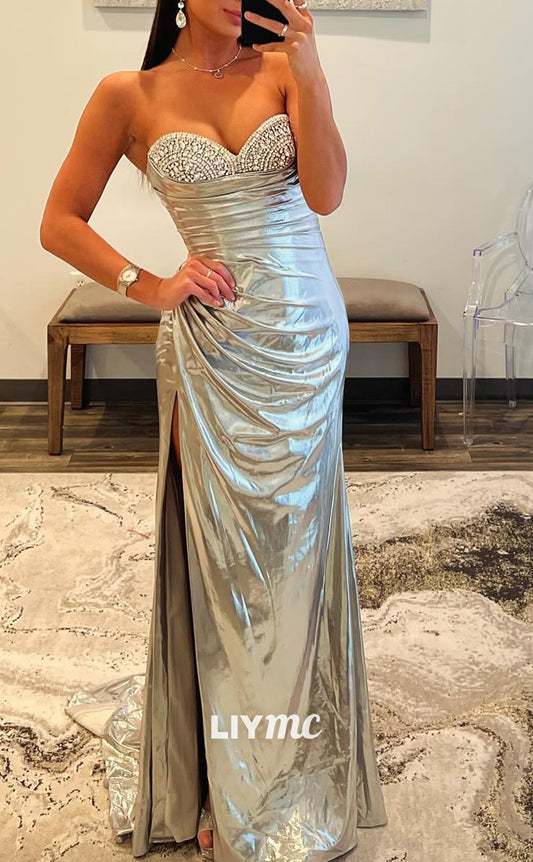 LP2049 - Sweetheart Sleeveless Beaded Pleated Side Slit Floor-Length Prom Dress