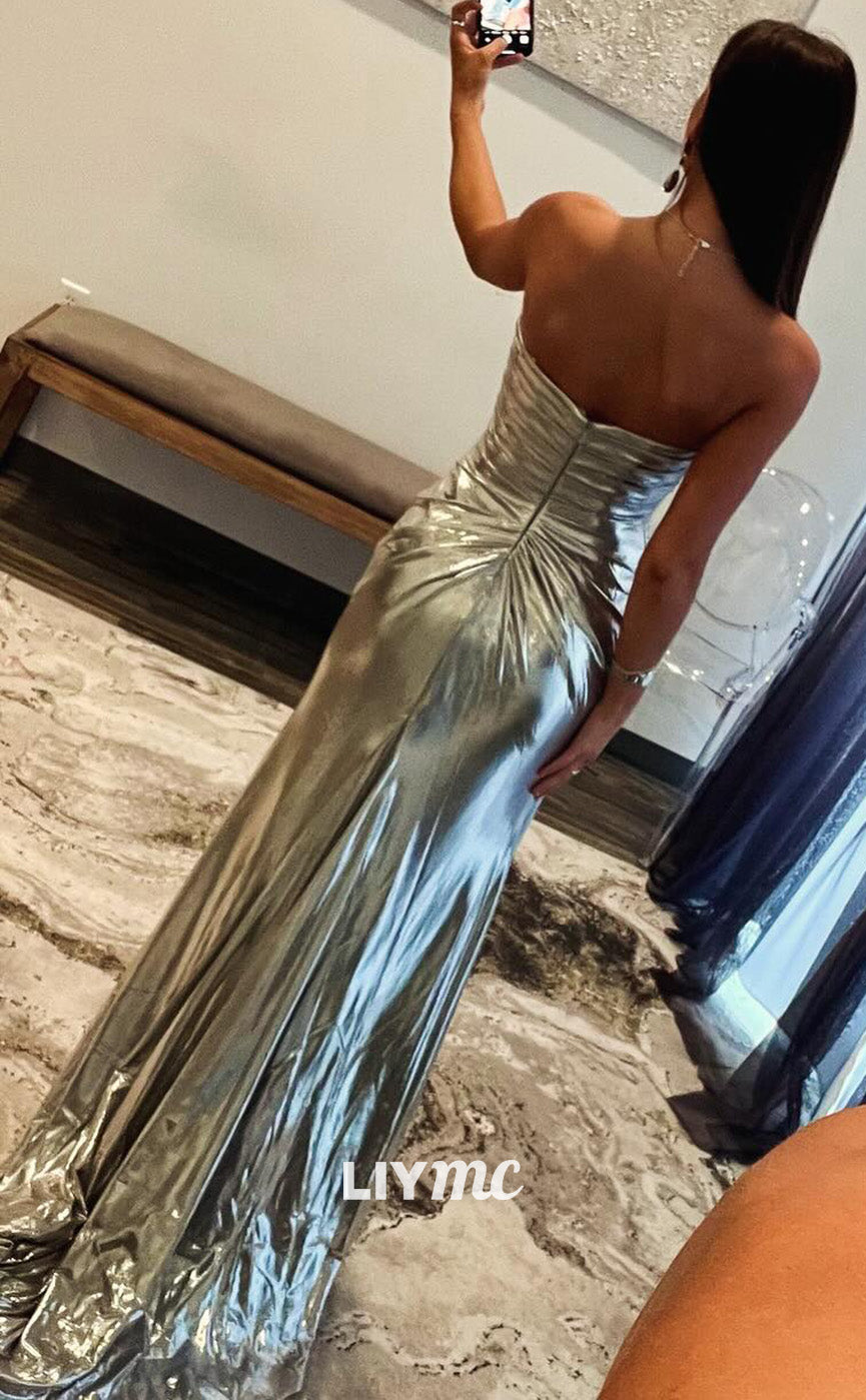 LP2049 - Sweetheart Sleeveless Beaded Pleated Side Slit Floor-Length Prom Dress