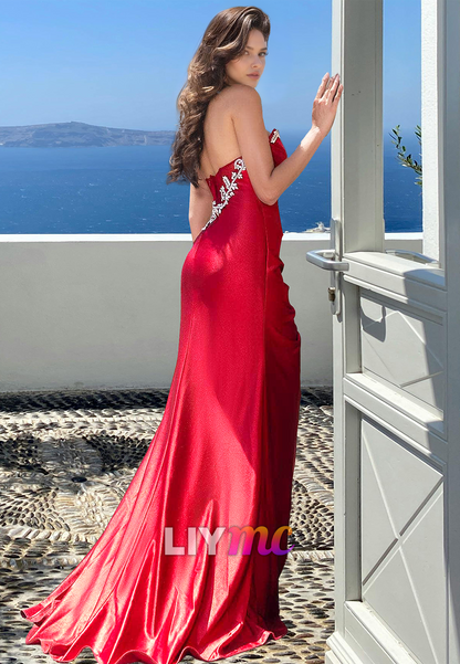 Sweetheart Sleeveless Beaded Pleated Side Slit Sheath Prom Dress