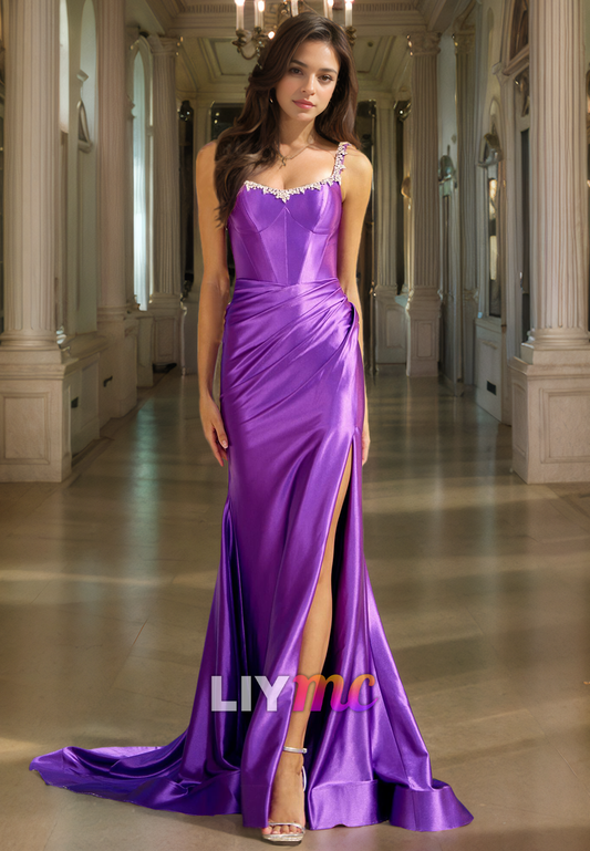 Sweetheart Sleeveless Beaded Ruched Sheath Prom Dress