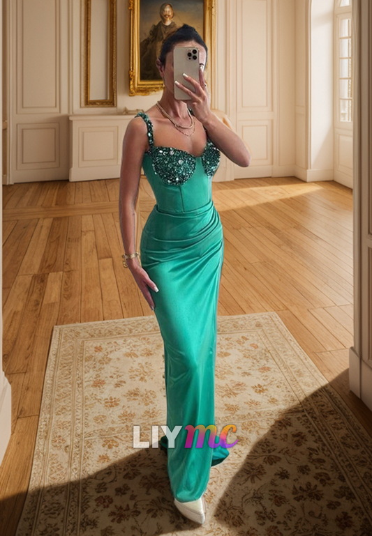 LP2318 - Sweetheart Sleeveless Beaded Ruched Sleek Satin Mermaid Prom Dress