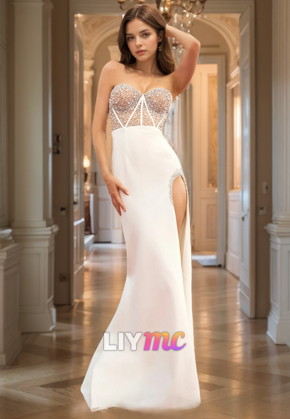 Sweetheart Sleeveless Beaded Sheath Side Slit Prom Dress