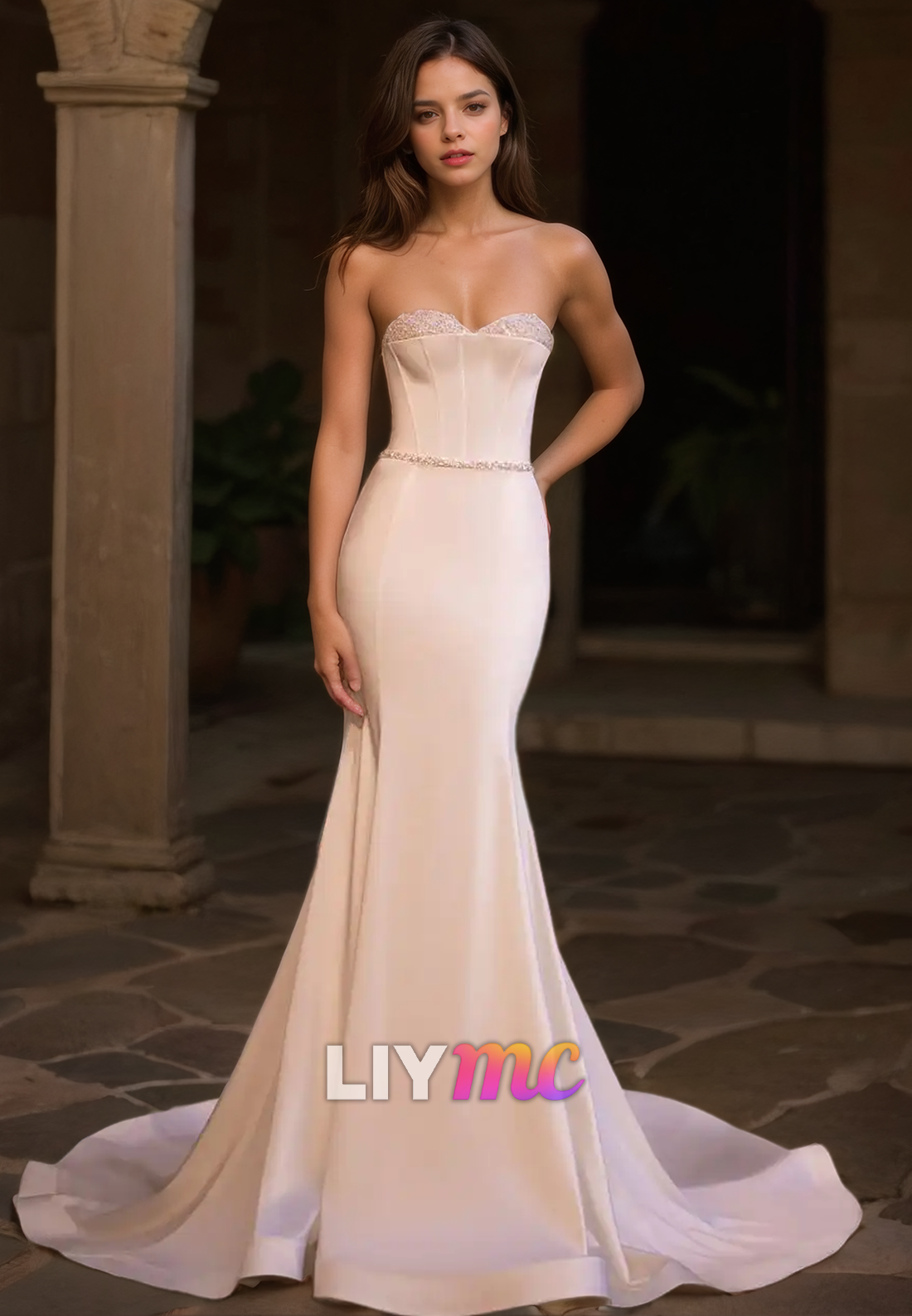 Sweetheart Sleeveless Beaded Sleek Mermaid Beach Wedding Dress