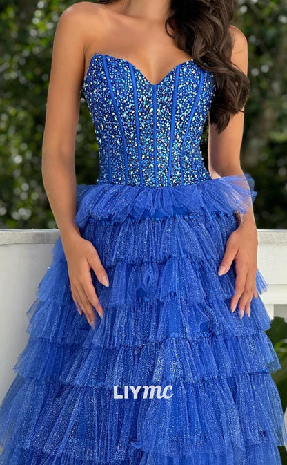 LP2005 - Sweetheart Sleeveless Beaded Tiered Tulle A-Line Prom Dress