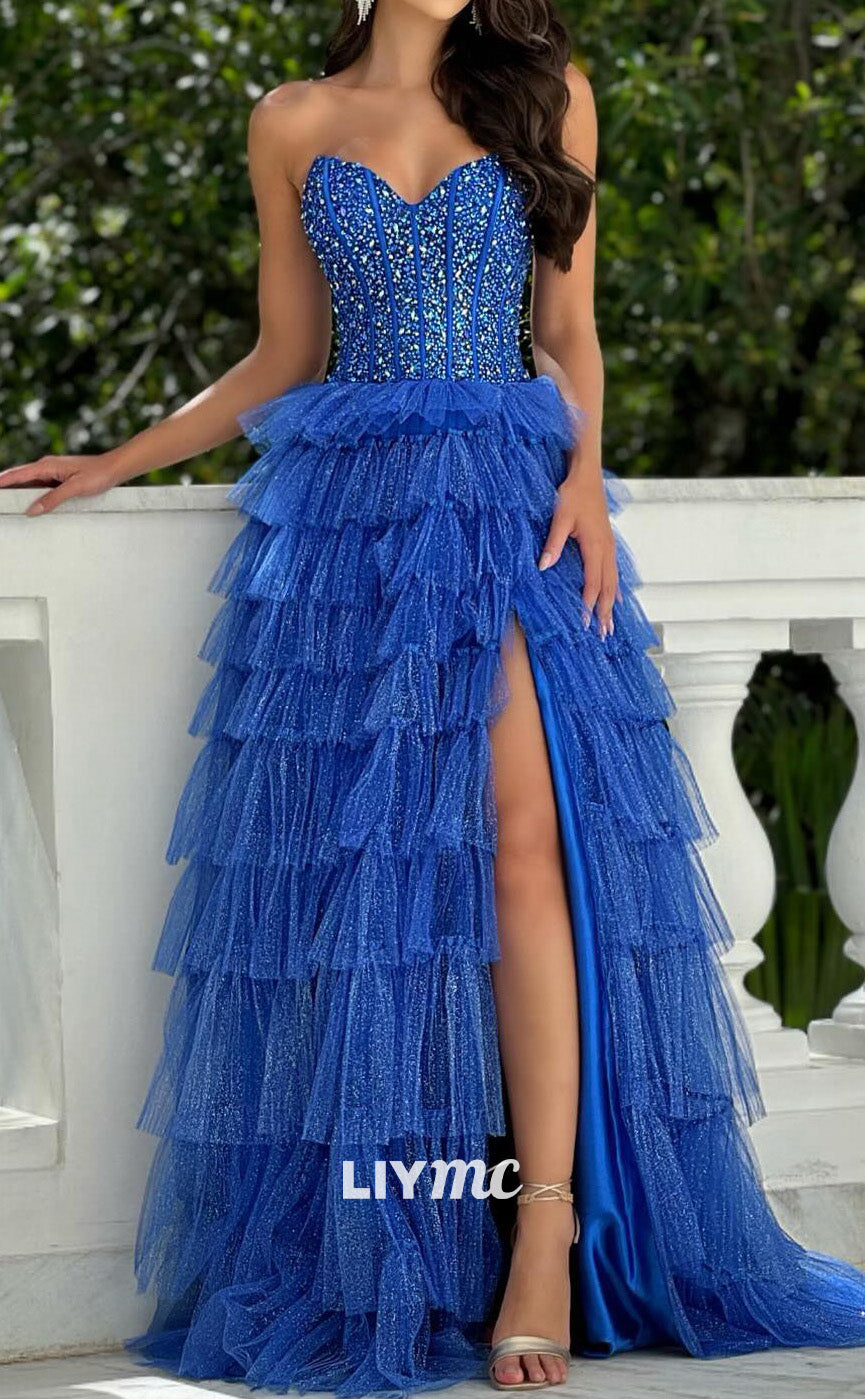 LP2005 - Sweetheart Sleeveless Beaded Tiered Tulle A-Line Prom Dress