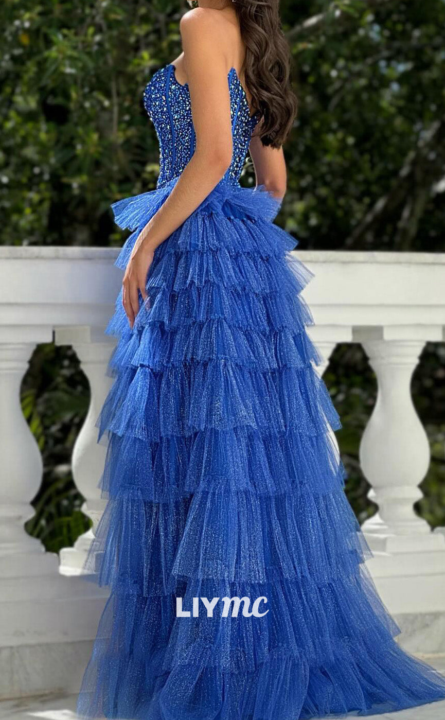 LP2005 - Sweetheart Sleeveless Beaded Tiered Tulle A-Line Prom Dress